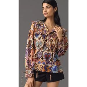 Farm Rio NWT $220 Hearts Ikat Cream Blouse Top Cottagecore Valentines Pink Large